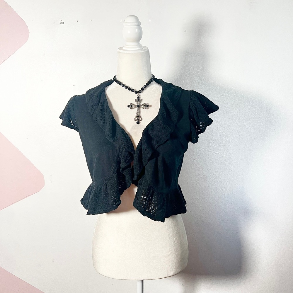 Vtg Y2K 2000s Bolero Top Medium Black Ruffles Grunge Indie Sleaze Goth